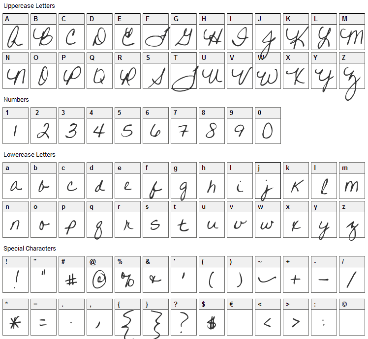 Written on His Hands Font Character Map