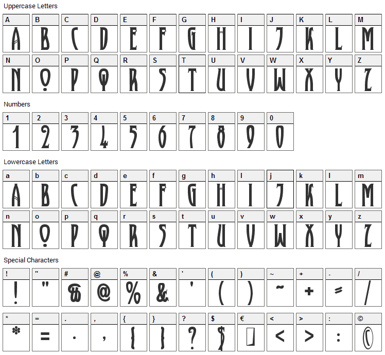 Xayax Font Character Map