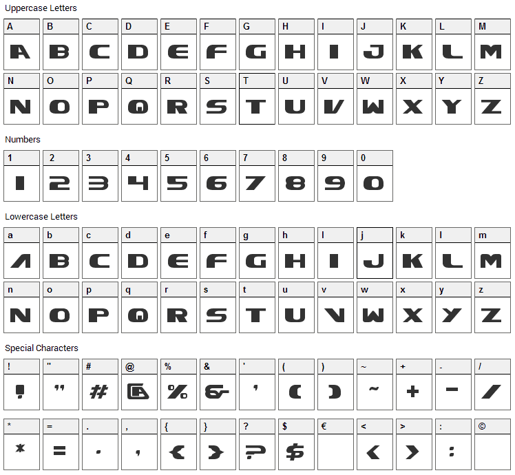 Xcelsion Font Character Map