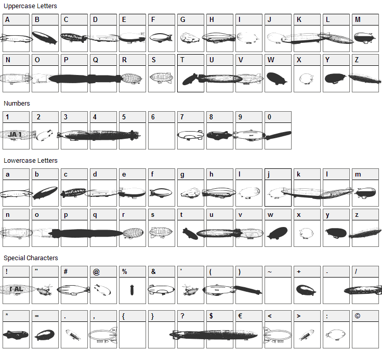 Xeppelin Font Character Map