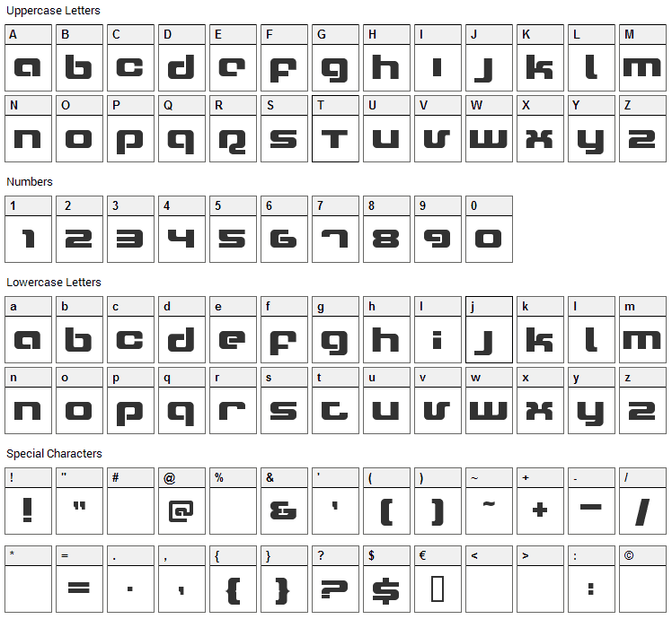 Xeron Font Character Map
