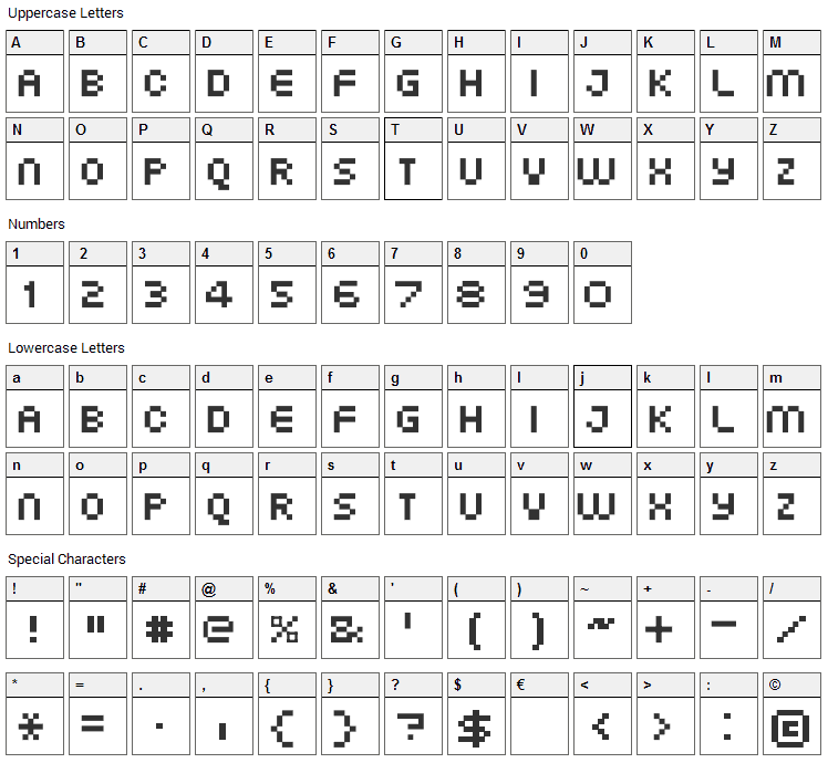 XG Pixo Font Character Map