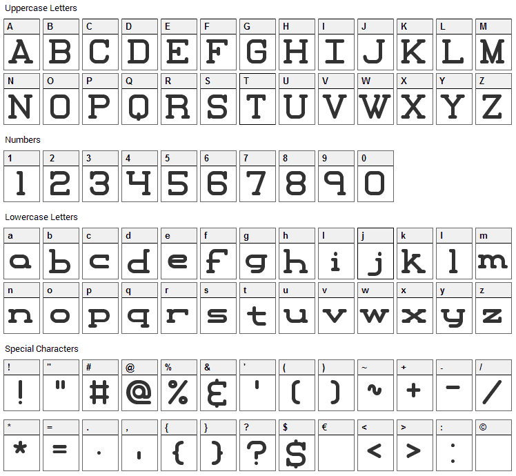 Xipital Font Character Map