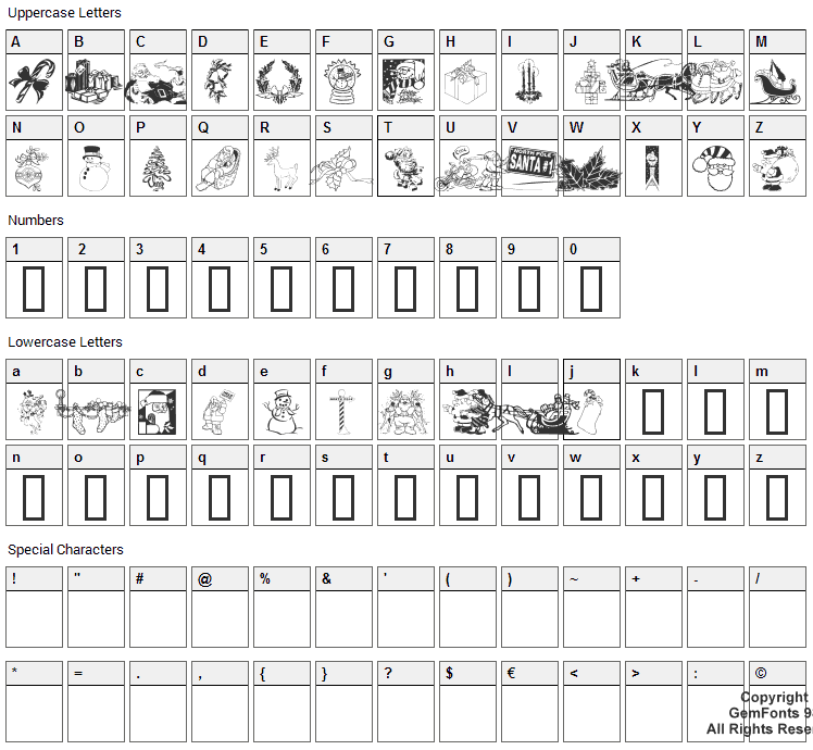 Xmas Clipart 2 Font Character Map