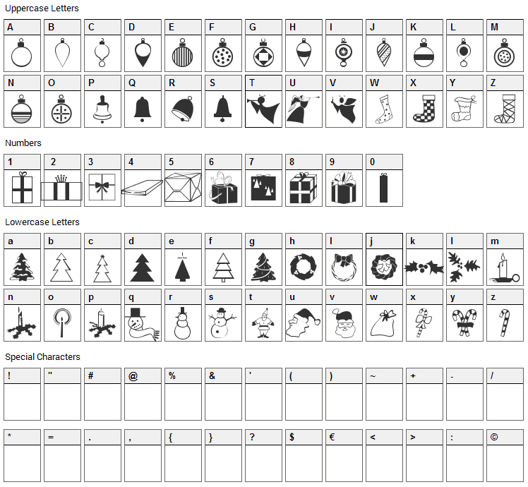 Xmas Dings Font Character Map