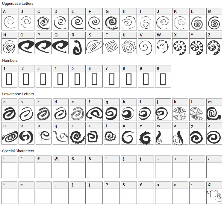 XSpiralmental Font Character Map