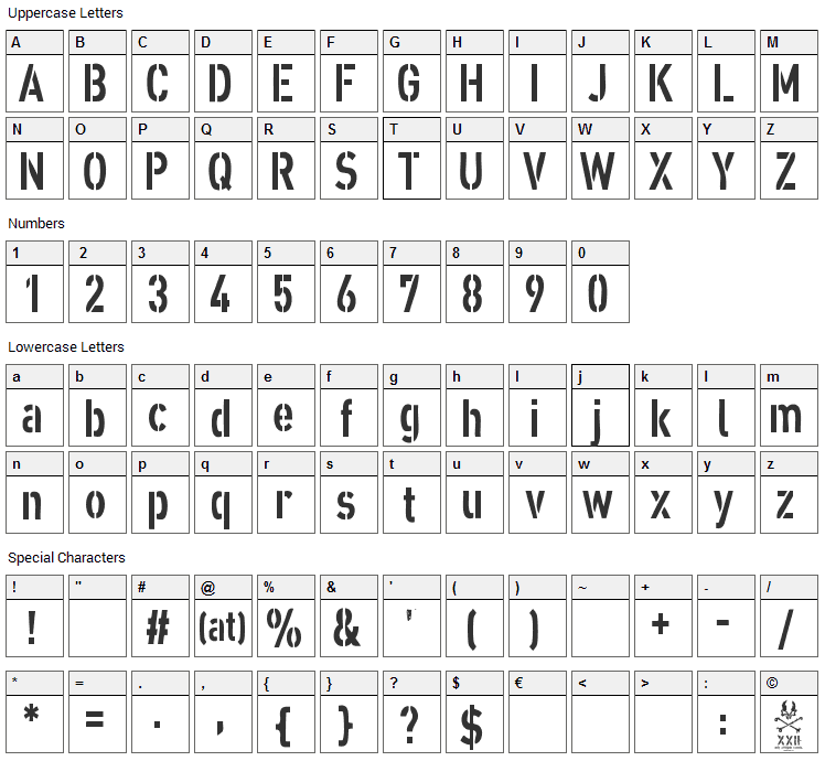 XXII Army Font Character Map