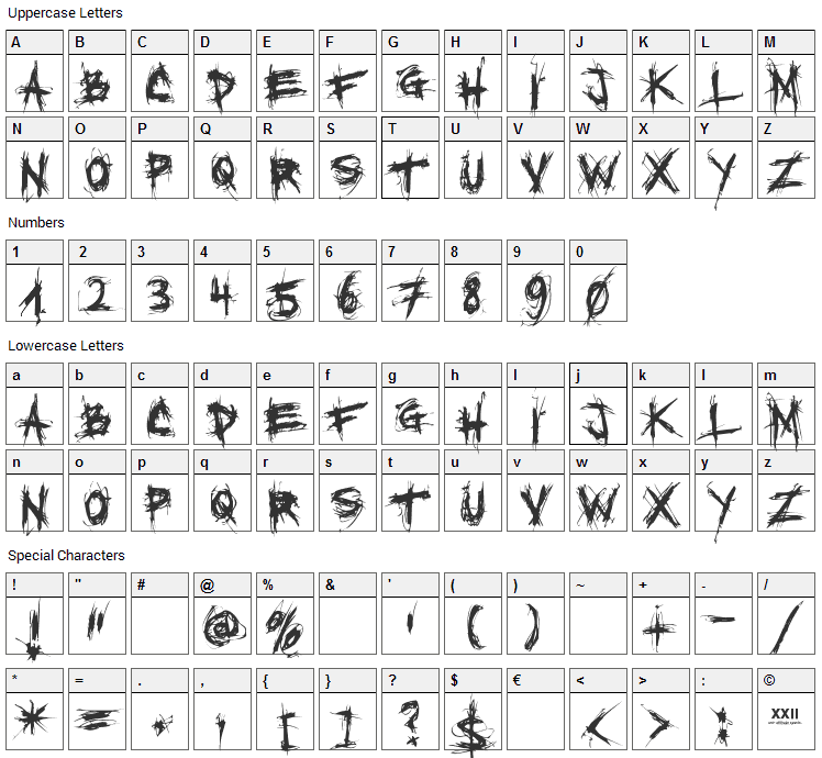 XXII Scratch Font Character Map