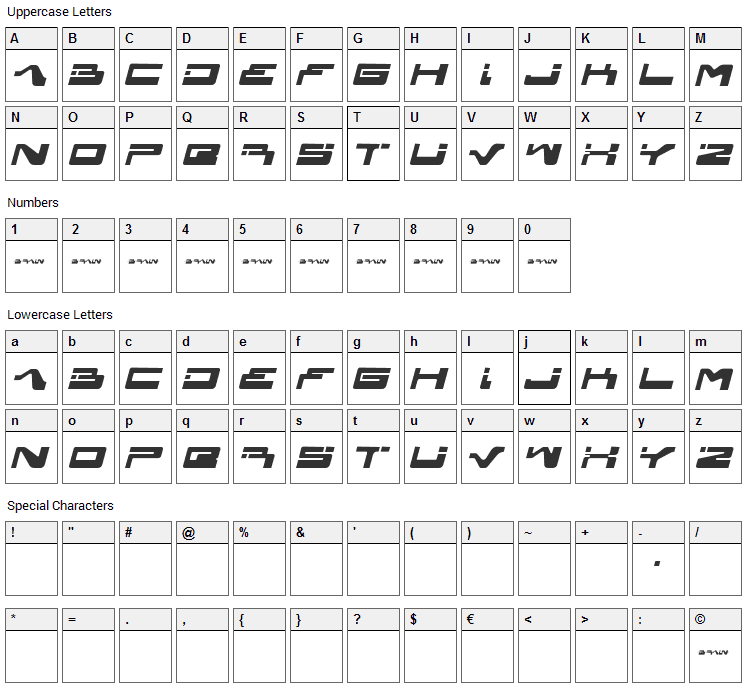 Yagiza Font Character Map