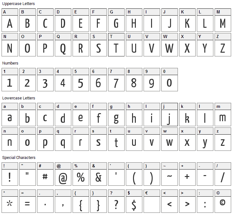 Yanone Kaffeesatz Font Character Map