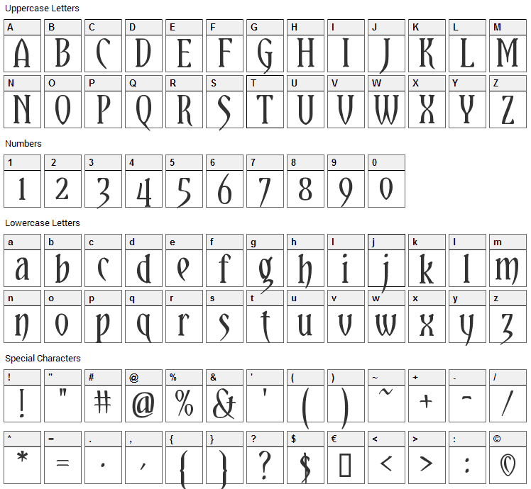 Yataghan Font Character Map