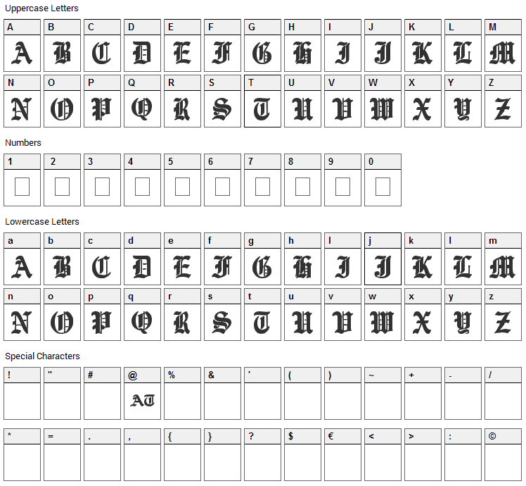 Ye Old Shire Font Character Map