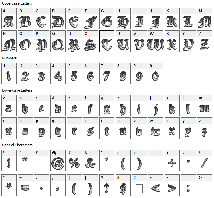 Ye Olde Oak Font Character Map