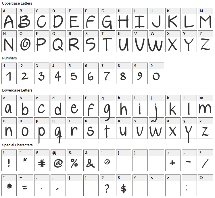 Yelly Font Character Map