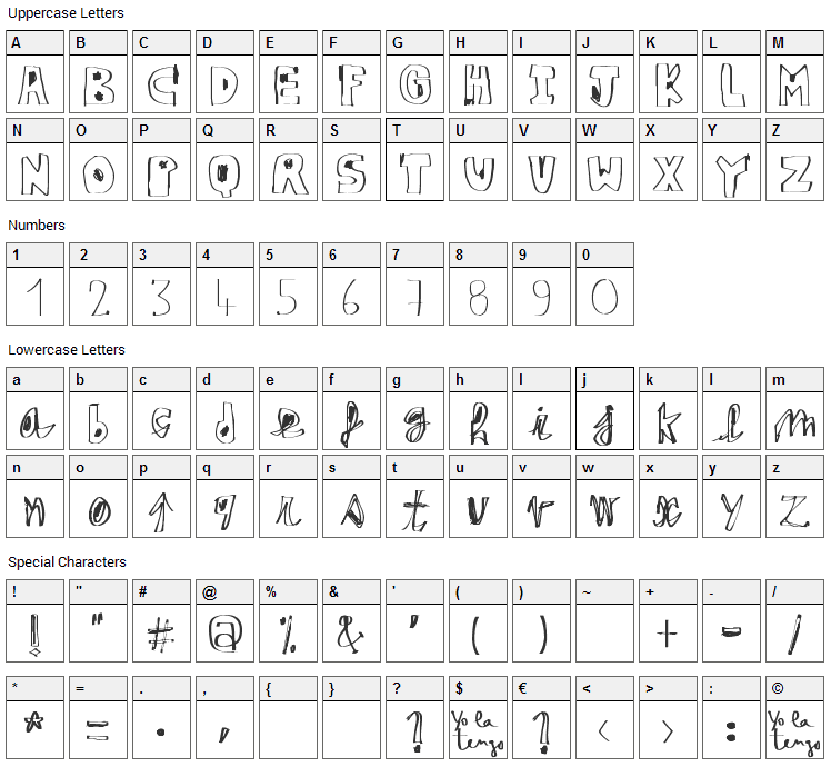 Yo La Tengo Font Character Map