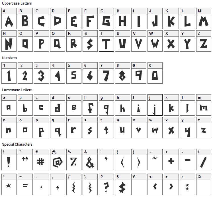 Yoinks Font Character Map