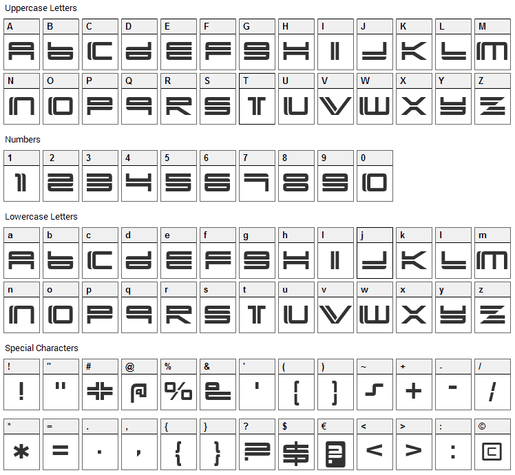 Yonder Recoil Font Character Map