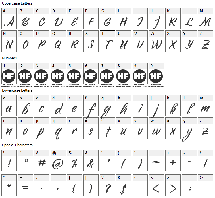 Youth Touch Font Character Map
