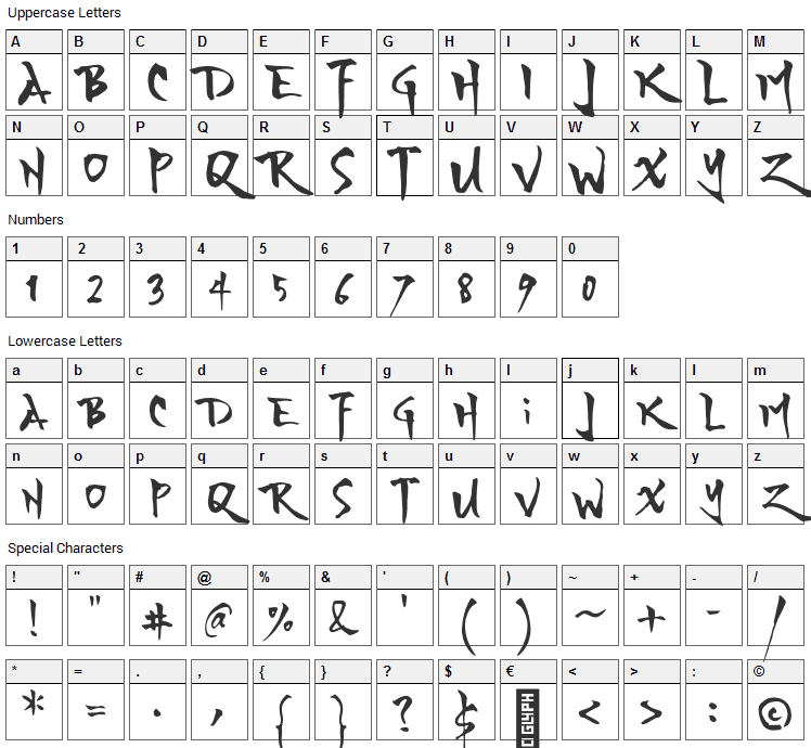 Yozakura Font Character Map