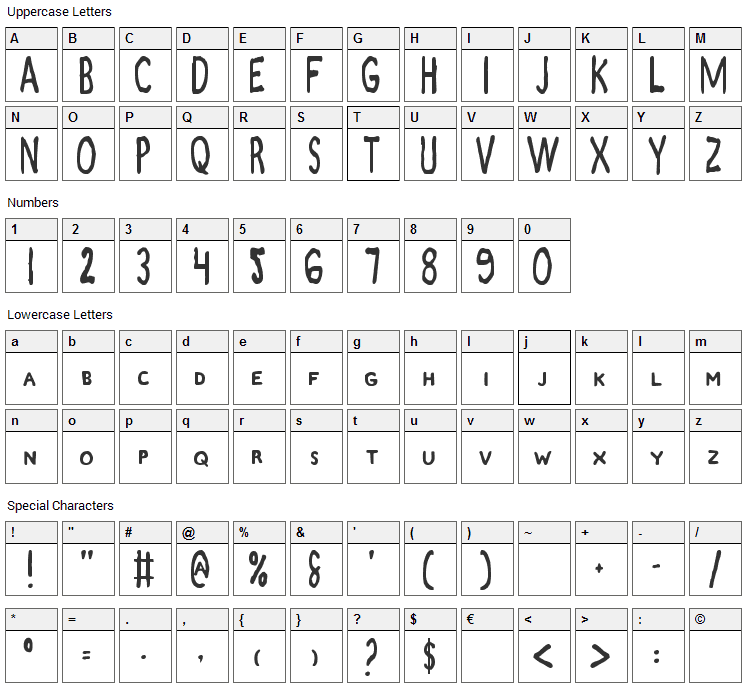 Zamboni Joe Font Character Map