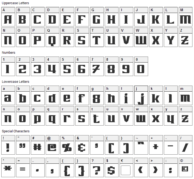 Zarathos Font Character Map