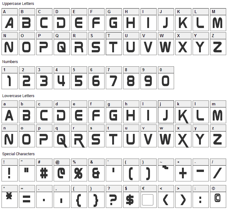 Zebulon Font Character Map