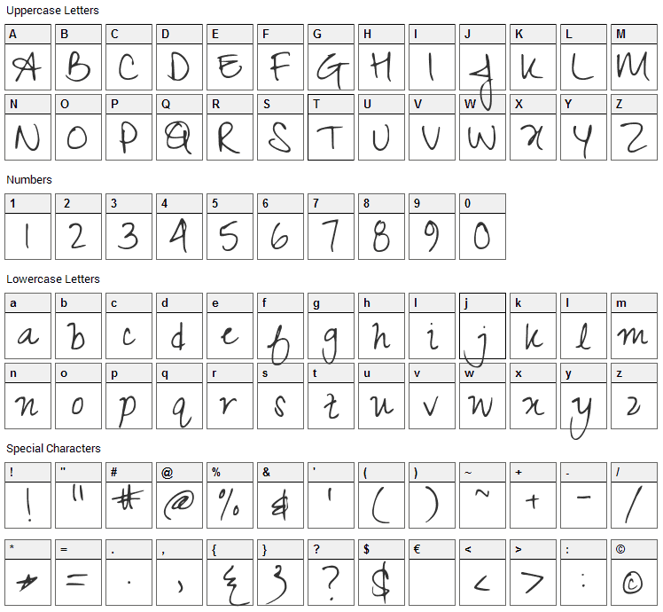 Zeyada Font Character Map