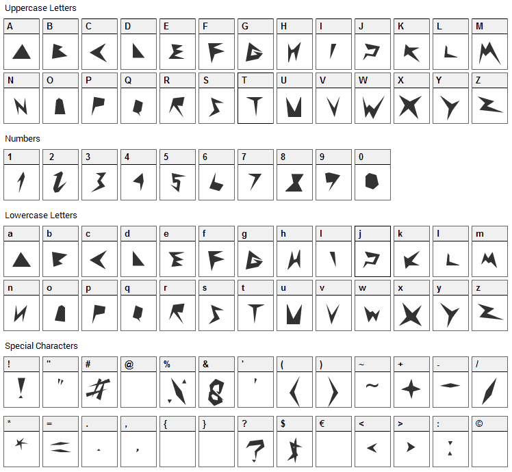 Zig Zag Zeg Font Character Map