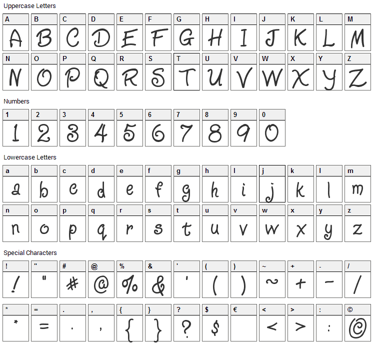 Ziggy Zoe Font Character Map