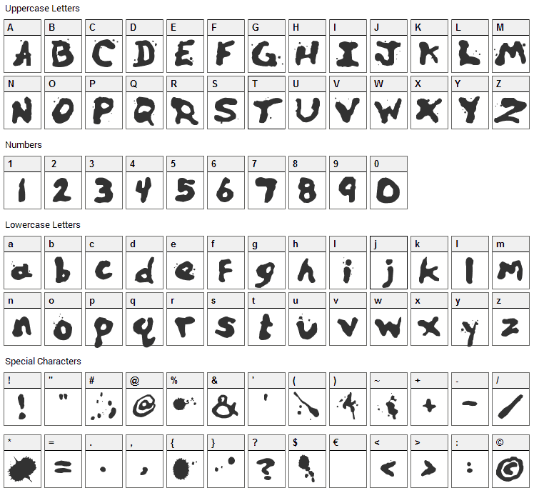 Zill Spills Font Character Map