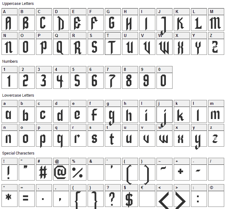 Zillah Font Character Map