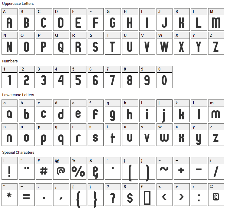 Zillah Modern Font Character Map