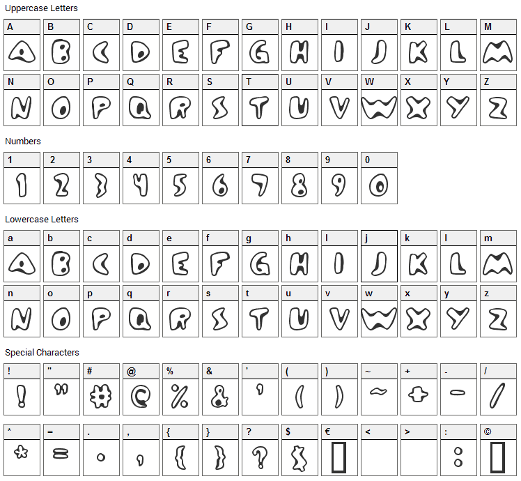 Zinc Boomerang Font Character Map