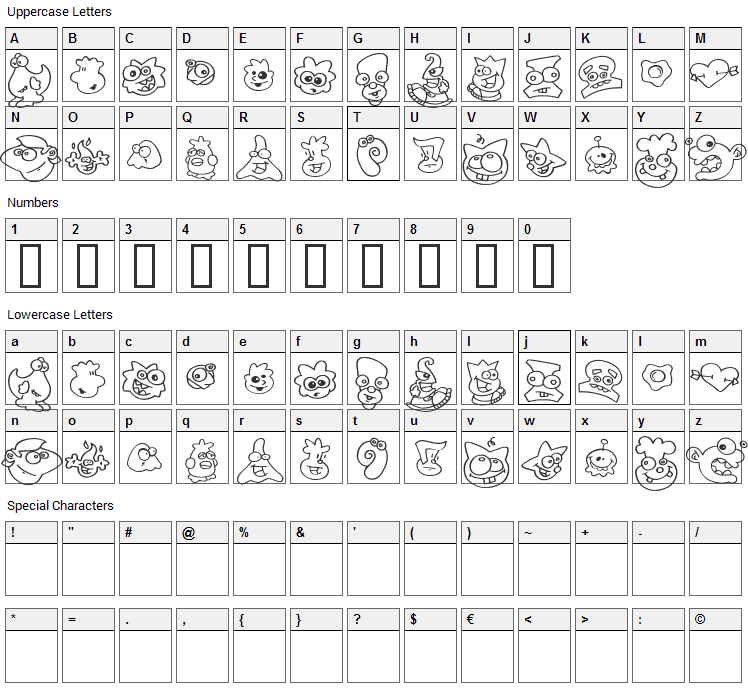 ZingDing Font Character Map
