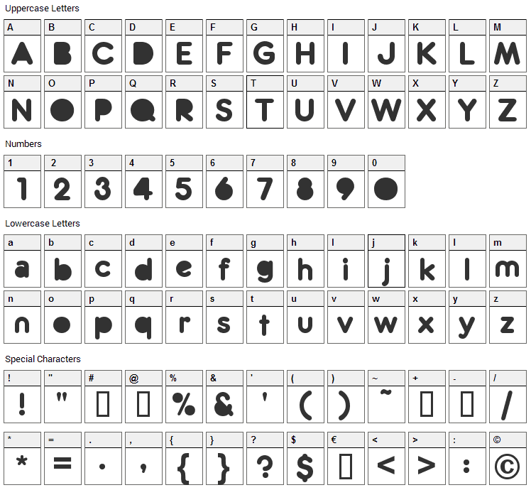 Zitti Font Character Map