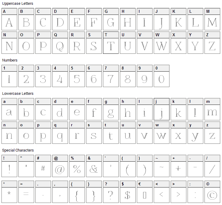 Znikomit No25 Font Character Map