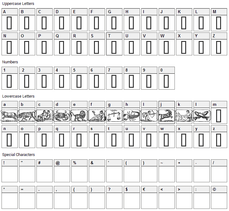 Zodiac 00 Font Character Map