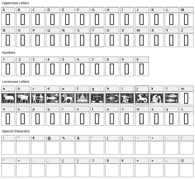 Zodiac 01 Font Character Map