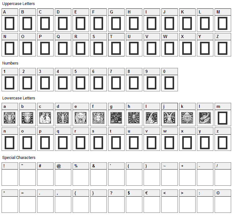 Zodiac 02 Font Character Map