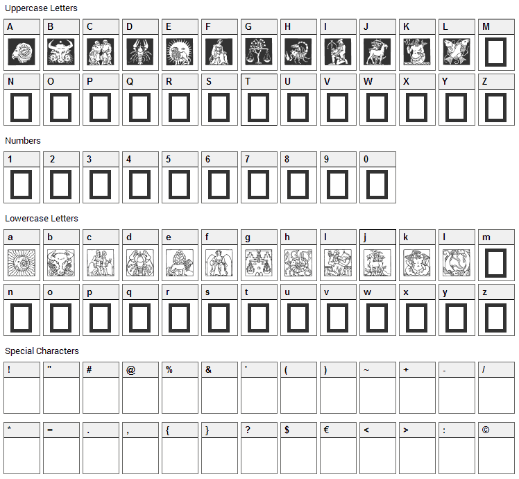 Zodiac 03 Font Character Map