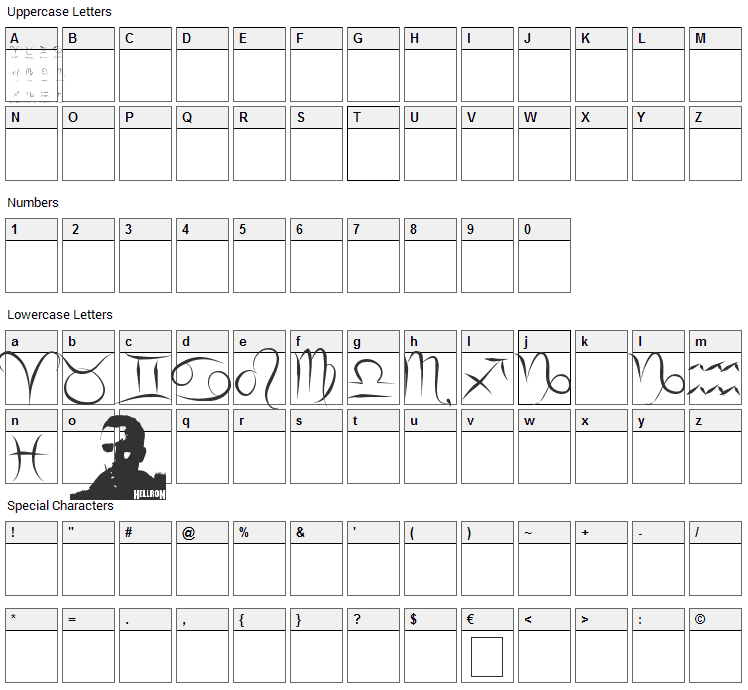 Zodiac Hellron Font Character Map