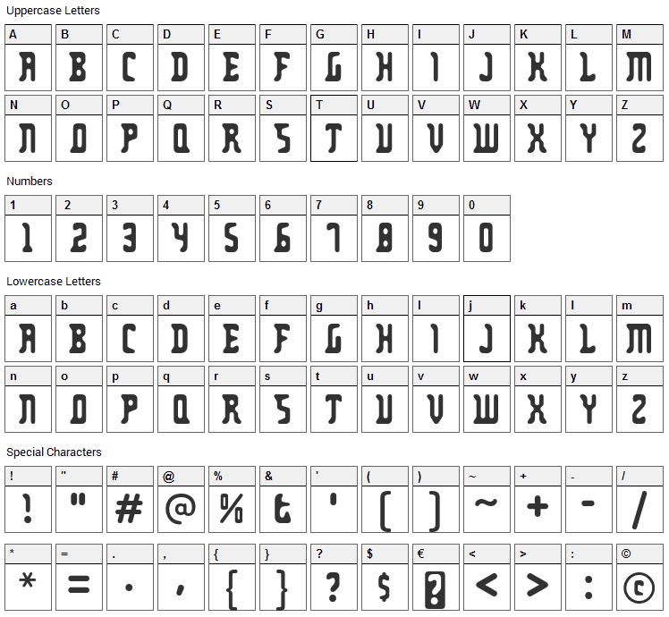 Zodillin Font Character Map