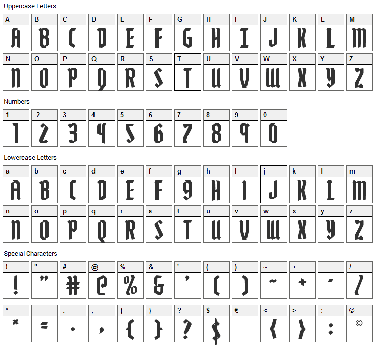 Zollern Font Character Map