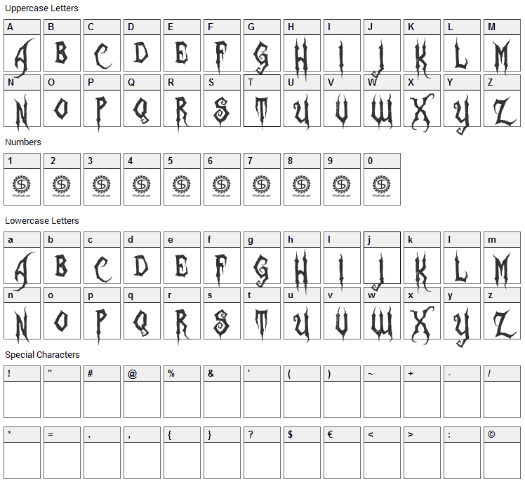 Zombie Holocaust Font Character Map