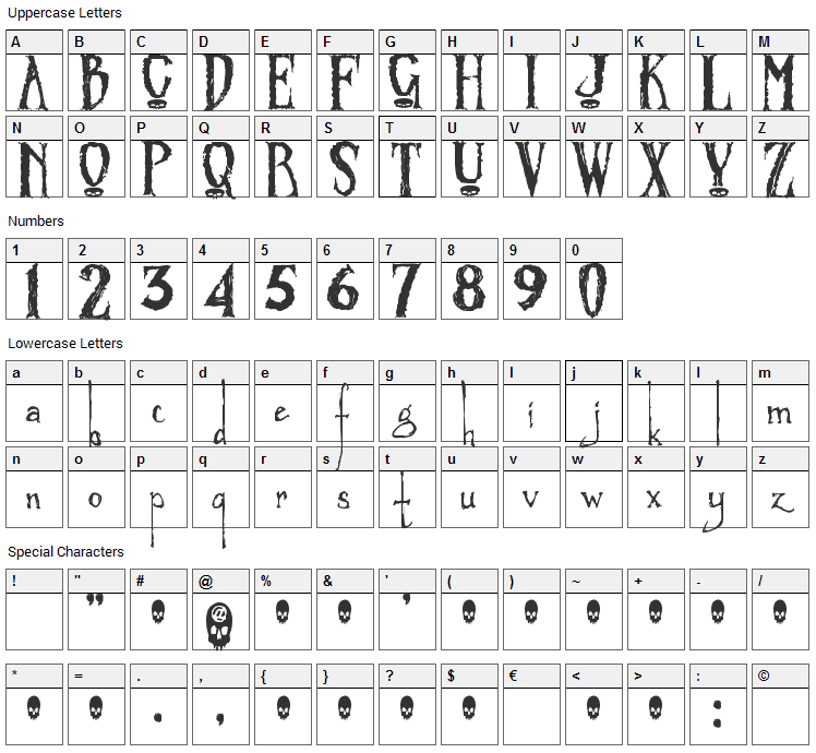 Zombified Font Character Map