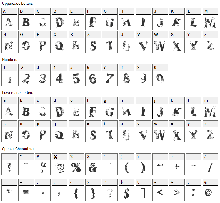 Zombilaria Font Character Map