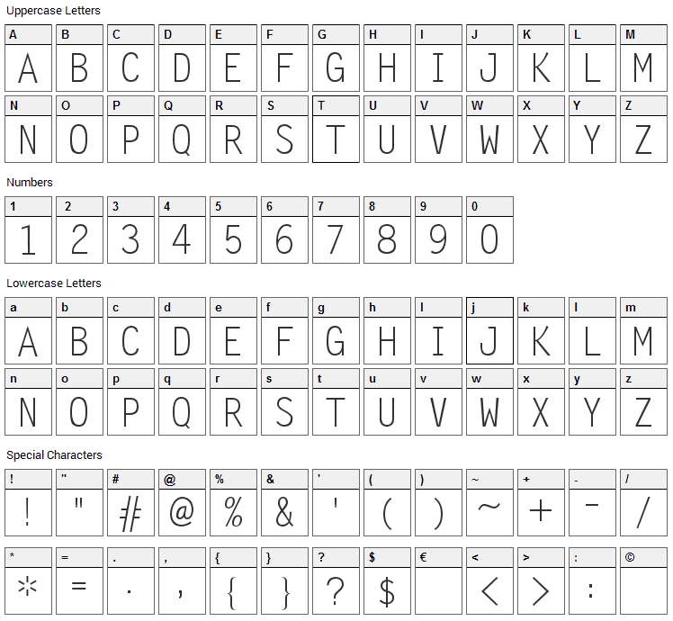 Zomnk Font Character Map