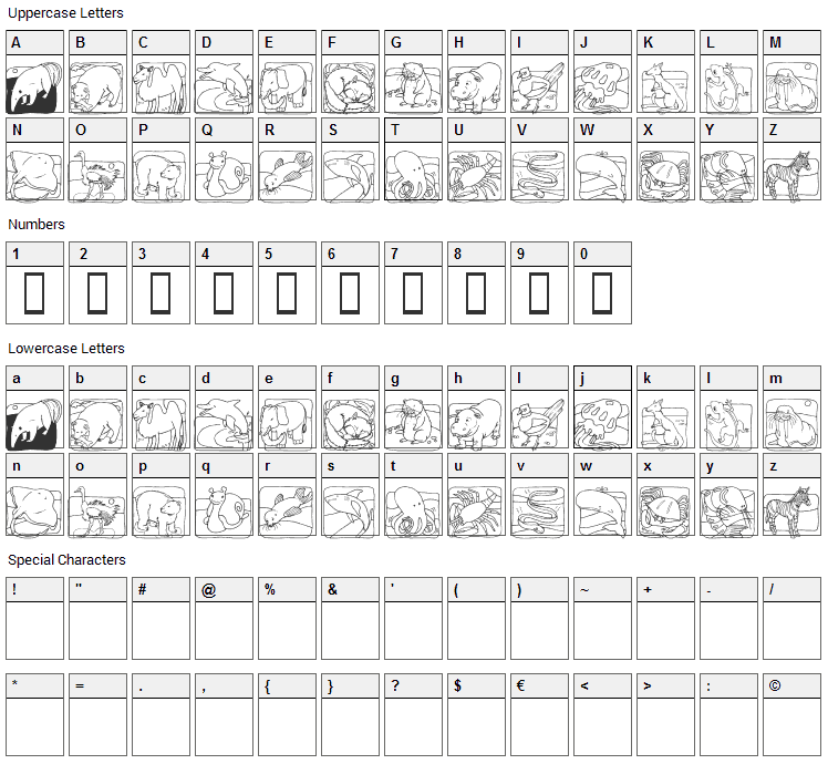 Zoo and Aquarium Life Font Character Map