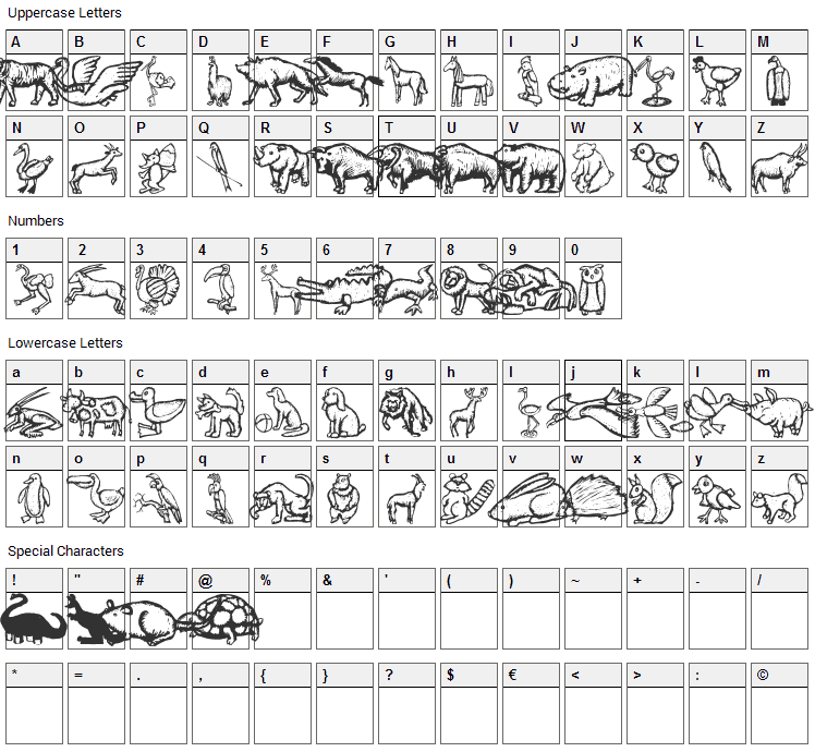 Zoo Woodcuts M Font Character Map