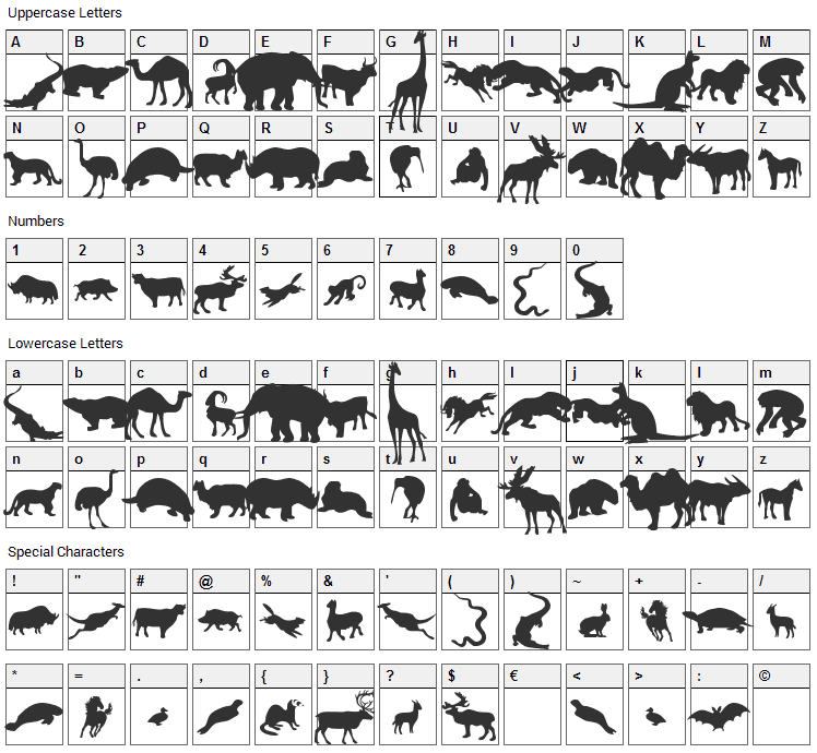 Zoologic Font Character Map